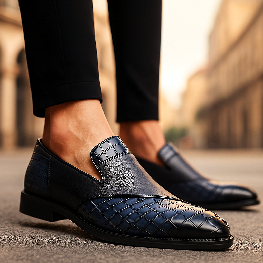 Close-up of the unique croc-embossed texture on men's leather slip-on loafers, formal footwear.