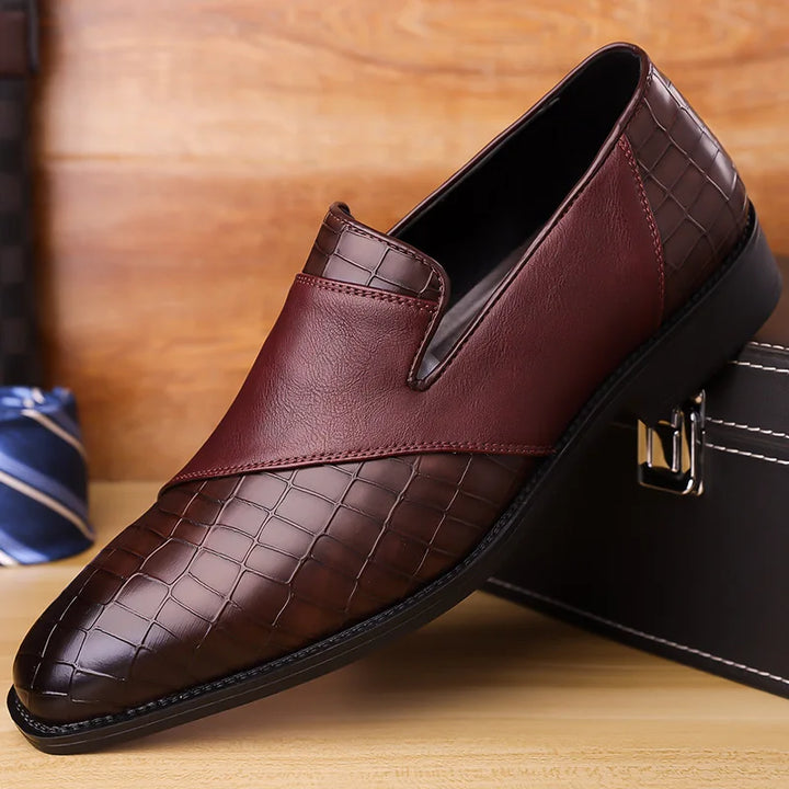 Side view of a men's tan textured slip-on loafer, showcasing the comfortable design and quality.