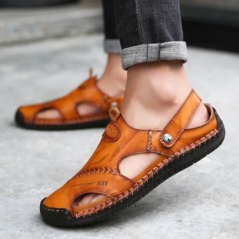 Men's black cushioned closed-toe slip-on sandals with arch support for daily comfort.