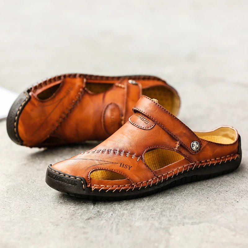 Durable men's closed-toe slip-on sandals with cushioned sole, great for comfortable daily walking.
