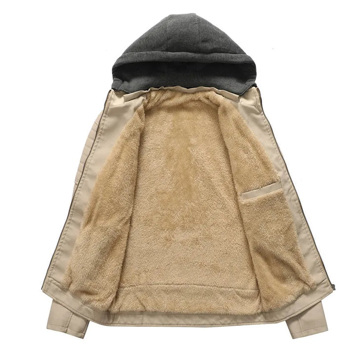 Folded men's black faux leather hooded jacket, highlighting its fleece lining and quality