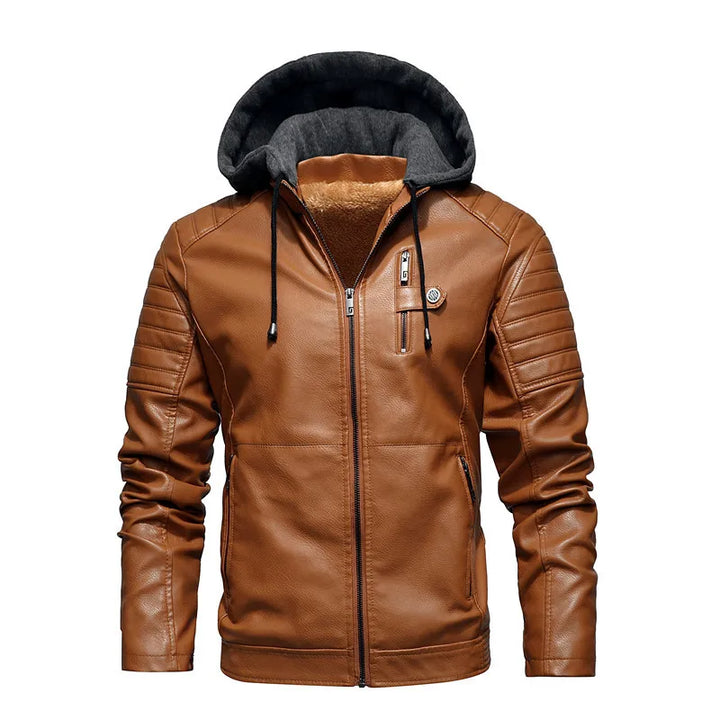 Man wearing a men's hooded faux leather jacket, demonstrating its casual and warm style