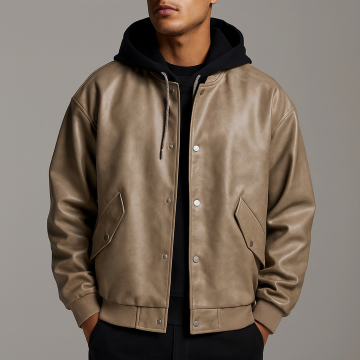 Men's black faux leather jacket, hooded, snap closure detail, close-up of zipper and snaps