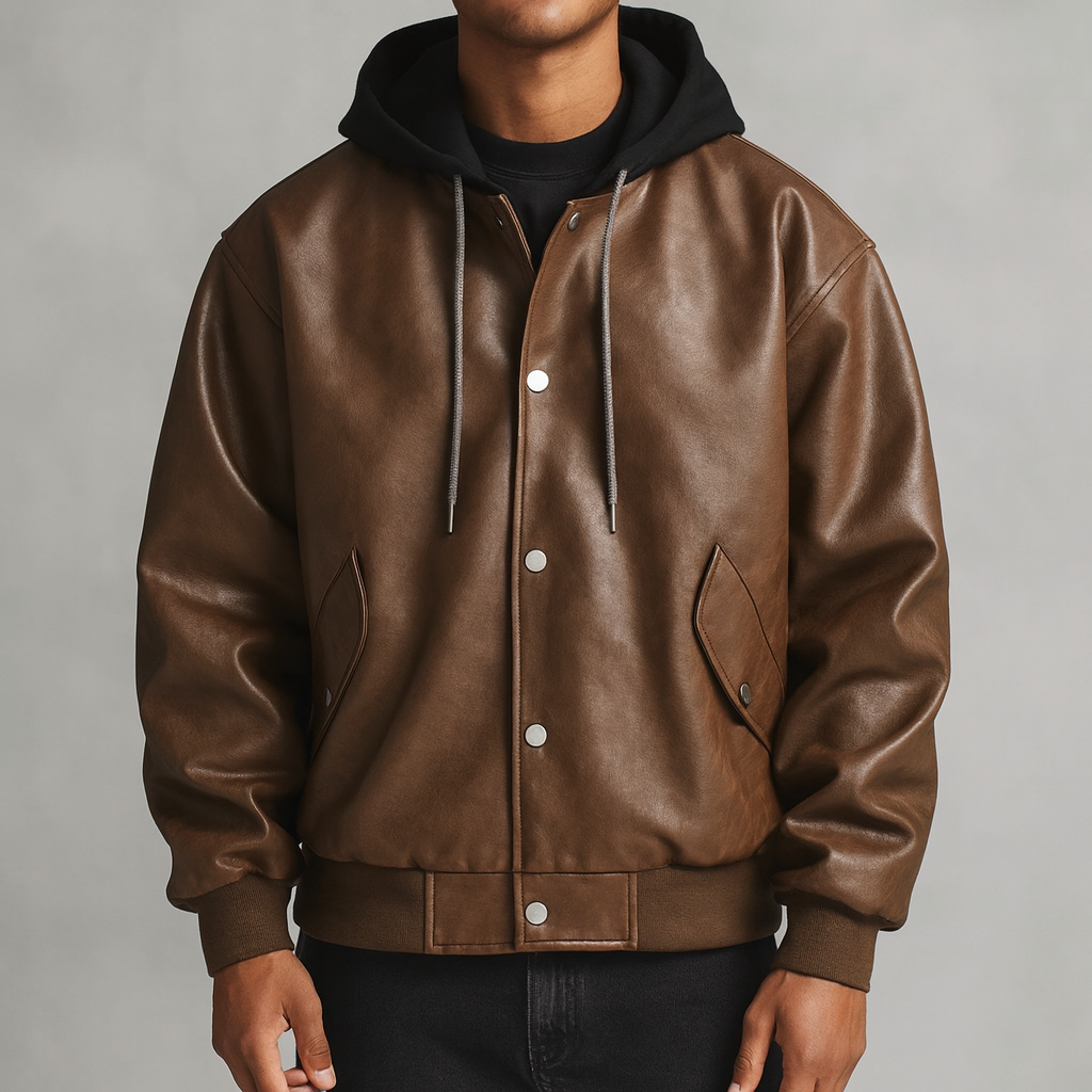 Men's khaki faux leather hooded jacket with snap closure, side profile, stylish mens urban fashion