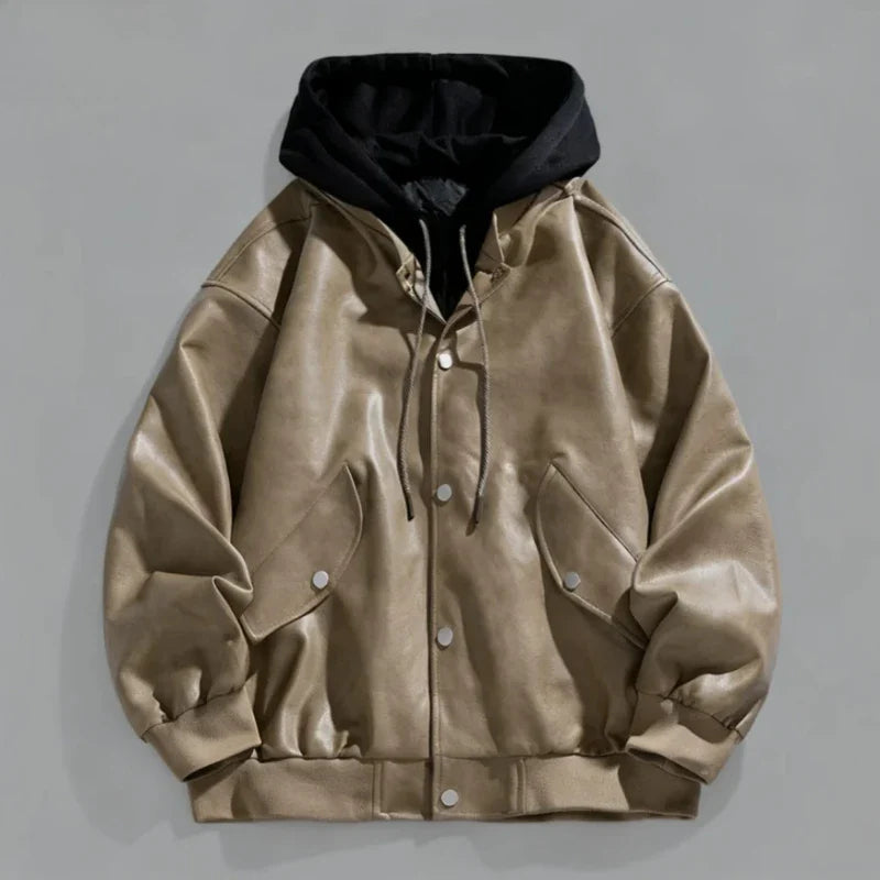Men's khaki faux leather jacket, hooded with snap closure, worn by model in a casual pose, outerwear