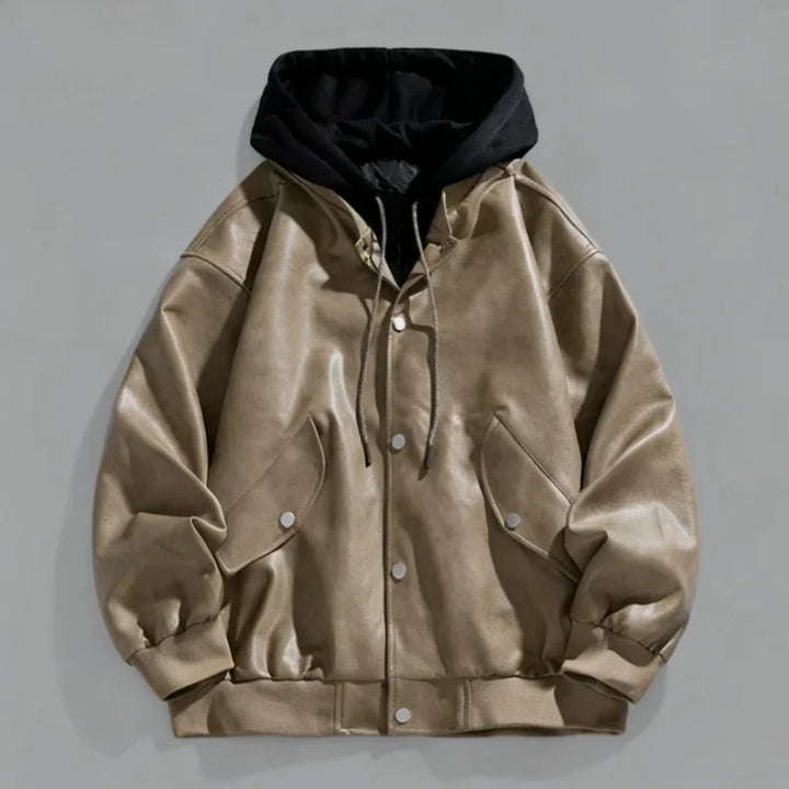 Men's khaki faux leather jacket, hooded with snap closure, worn by model in a casual pose, outerwear