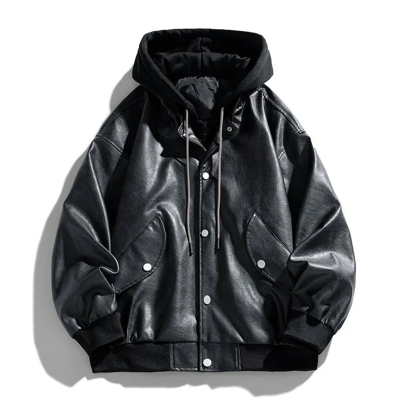 Men's black faux leather hooded jacket, snap closure pocket detail, functional and fashionable