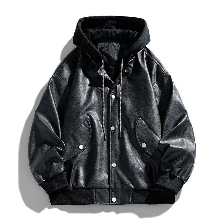 Men's black faux leather hooded jacket, snap closure pocket detail, functional and fashionable