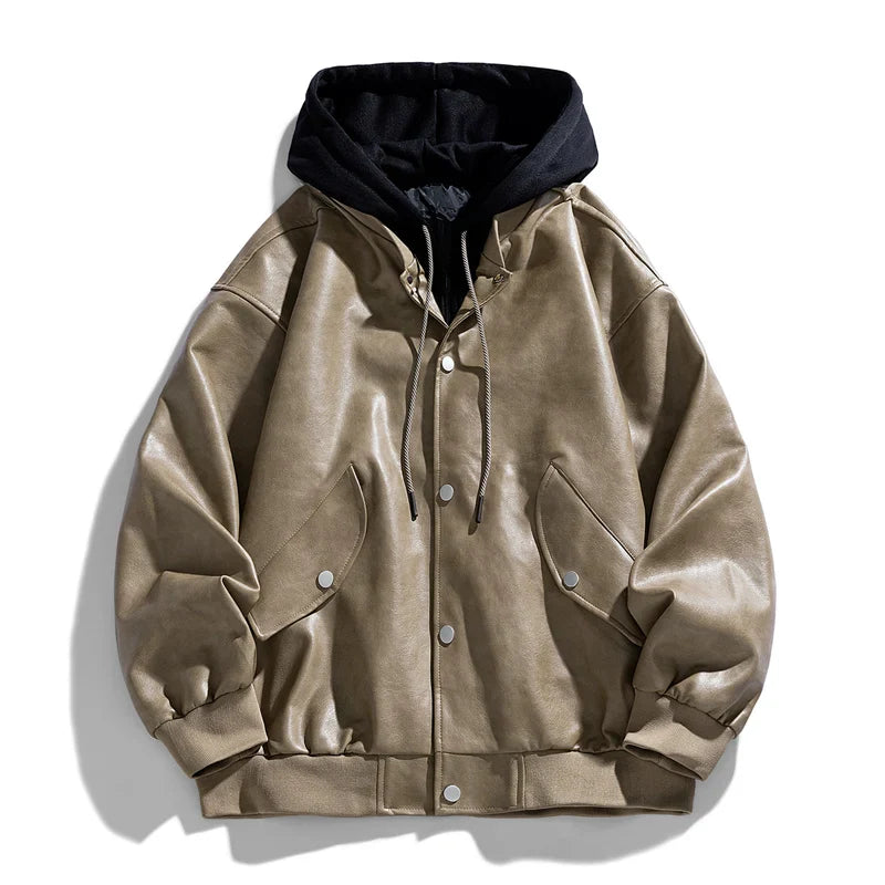 Full length view of men's khaki faux leather hooded jacket, snap closure, an essential casual jacket