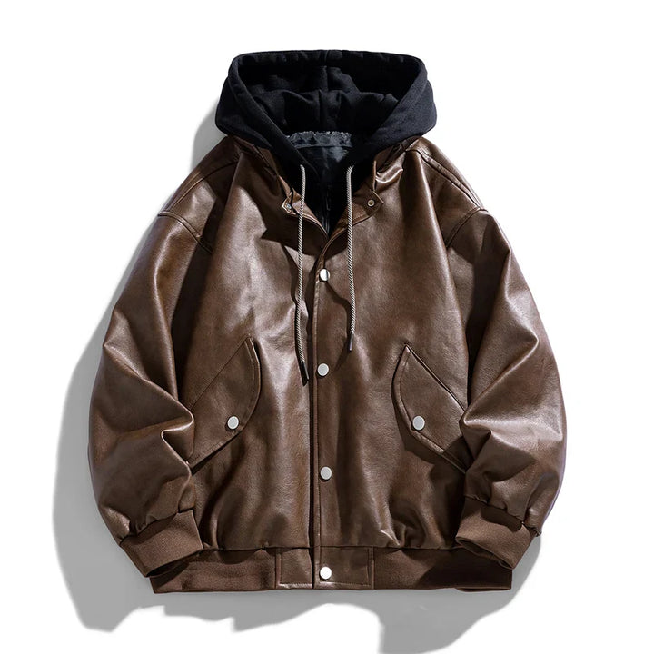 Close-up of the faux leather texture on a men's hooded jacket with distinctive snap closures