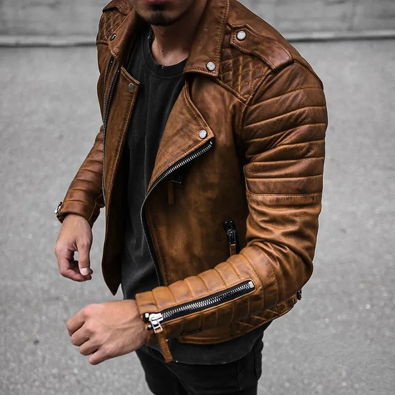 Men's black faux leather zip-up moto jacket, front view, showcasing biker style & sleek design