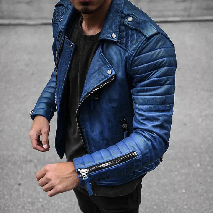Close-up of the collar and zipper on a man's fashionable faux leather biker jacket