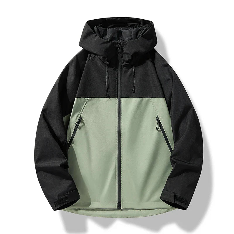 Front view of a men's lightweight waterproof windproof shell jacket, hooded, suitable for hiking.