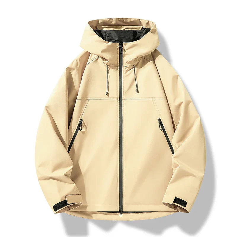 Men's activewear hooded jacket, waterproof and windproof design, featuring spacious pockets, dark color.