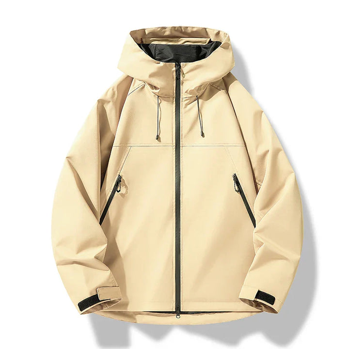 Men's activewear hooded jacket, waterproof and windproof design, featuring spacious pockets, dark color.