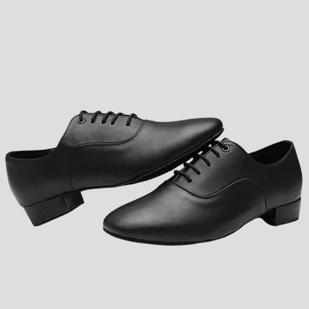 Men's black Latin dance shoes with secure fit, ideal for ballroom performance and smooth, agile movement.
