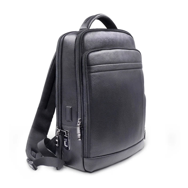 Men's black leather anti-theft backpack with fingerprint lock for secure travel & work. Stylish & functional.