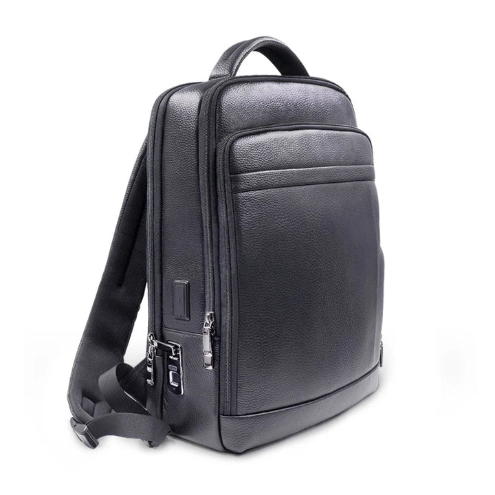 Men's black leather anti-theft backpack with fingerprint lock for secure travel & work. Stylish & functional.