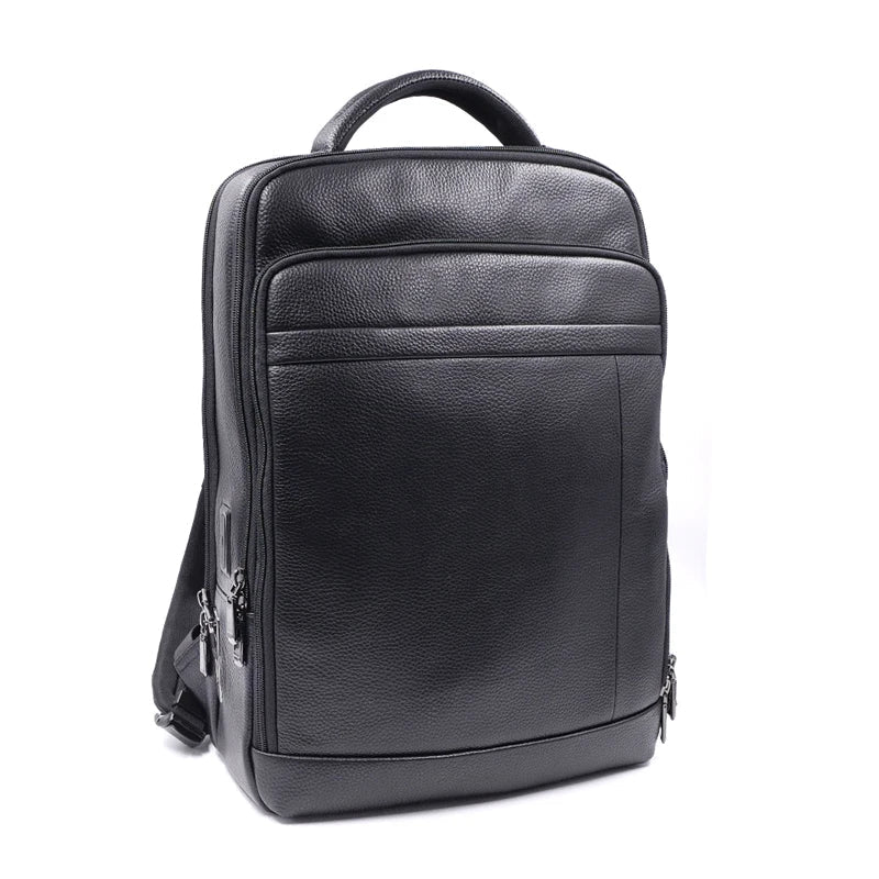 Close-up of a men's anti-theft leather backpack showing the integrated fingerprint lock, ideal for secure storage.