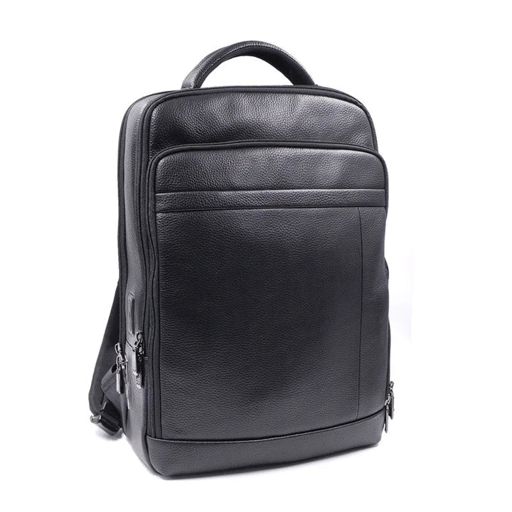 Close-up of a men's anti-theft leather backpack showing the integrated fingerprint lock, ideal for secure storage.