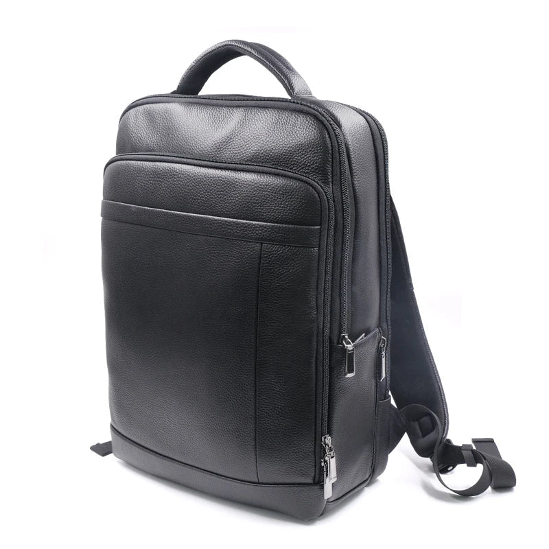 Man wearing a modern anti-theft leather backpack with fingerprint lock, perfect for secure urban commuting.