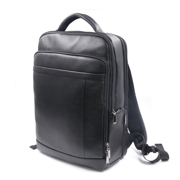 Man wearing a modern anti-theft leather backpack with fingerprint lock, perfect for secure urban commuting.