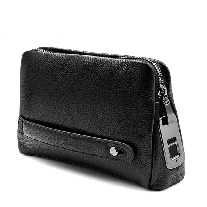Men's black leather anti-theft clutch with fingerprint lock. Secure, stylish travel pouch for essentials.