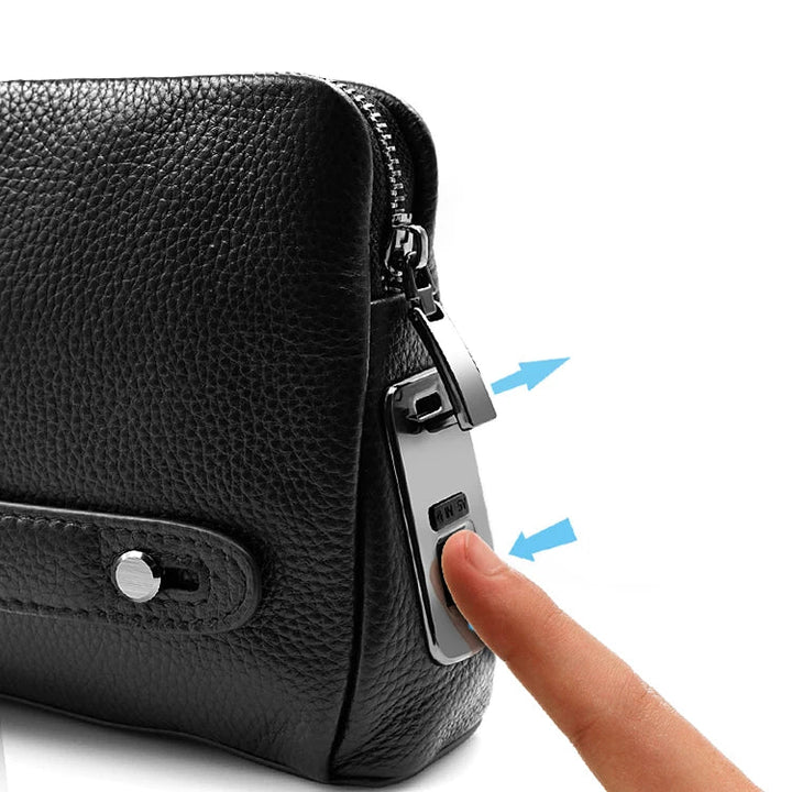 Biometric security men's clutch. Premium leather travel bag with advanced fingerprint lock.