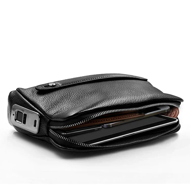 Durable men's leather clutch, featuring a state-of-the-art anti-theft fingerprint lock for ultimate security.