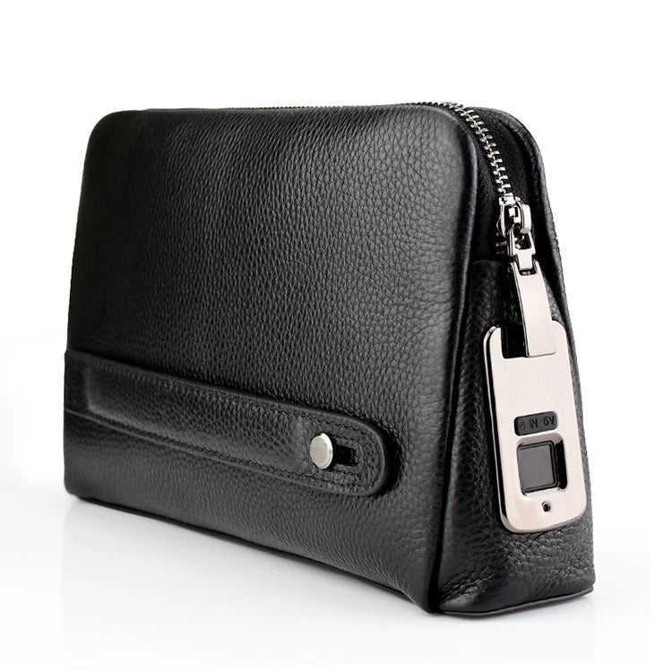 Modern men's accessory: A secure leather travel pouch with integrated biometric fingerprint lock.