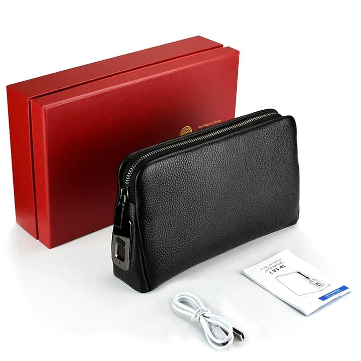 Stylish men's black leather clutch bag for secure storage, featuring a high-tech anti-theft fingerprint lock.