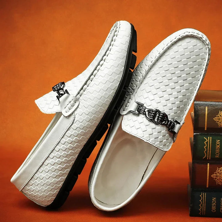 Men's black leather grip loafers, comfortable slip-on dress shoes for casual wear