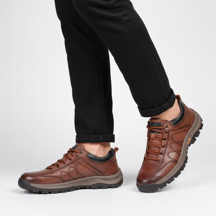 Elegant men's black leather lace-up dress shoes, designed with orthopedic features for ultimate walking comfort.