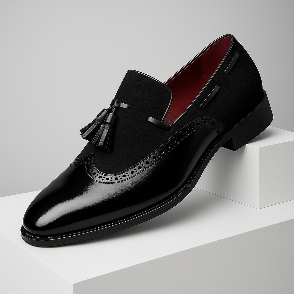Close-up of men's brown suede tassel loafers, highlighting brogue patterns and tassels.