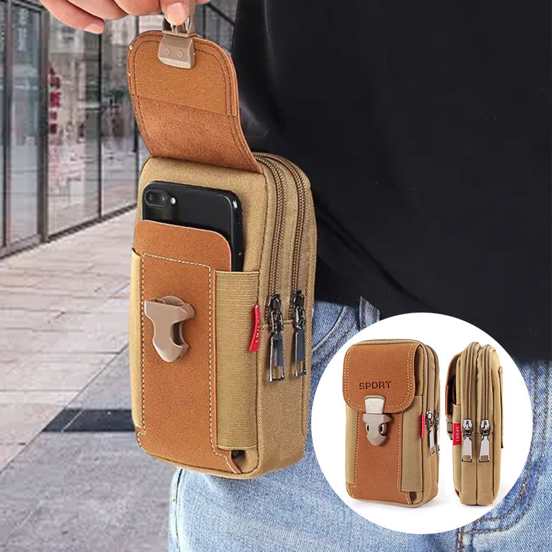 Men's black nylon sports bag with prominent logo, a practical phone holder belt pouch