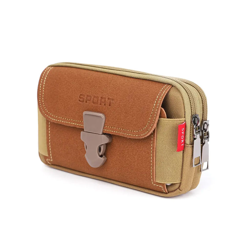 Display of multiple men's outdoor phone waist bags in various angles, highlighting features