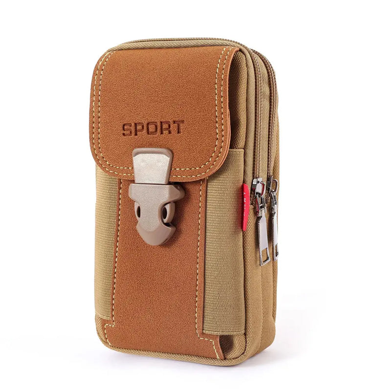 Empty men's sports waist bag, showing internal lining and multiple compartments for organization