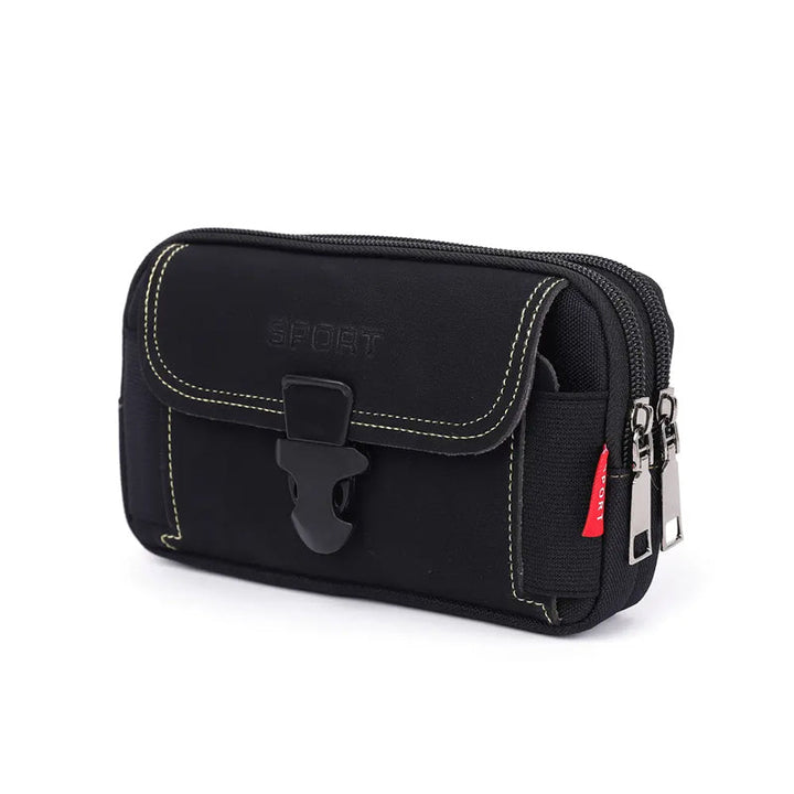 Close-up of the zipper on men's outdoor sports waist bag, robust and smooth for frequent access