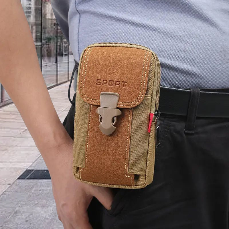 Close-up of men's sports waist bag, showing phone compartment and quality nylon fabric texture