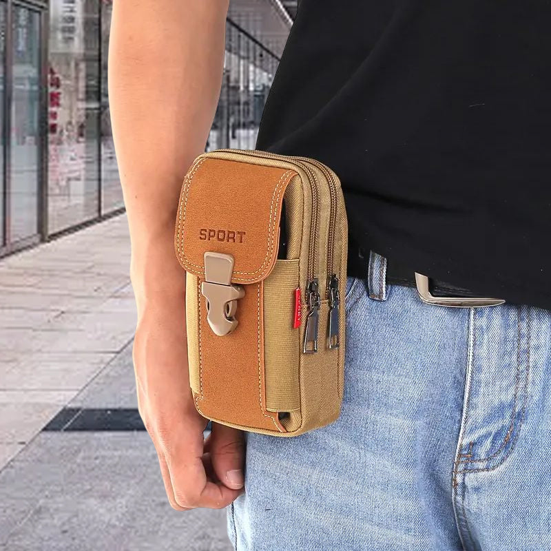 Man wearing a black outdoor sports waist bag, demonstrating comfortable fit and style for travel