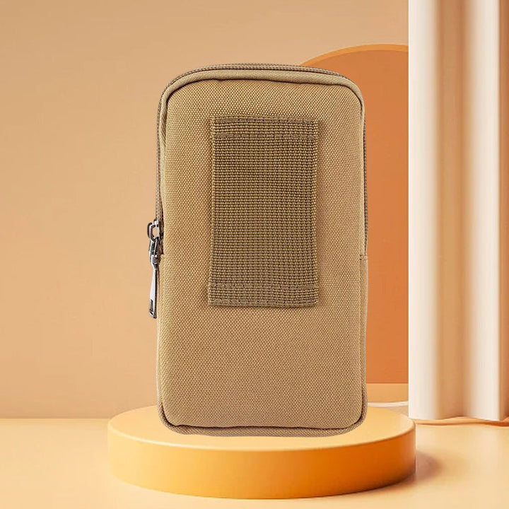 Top-down view of men's phone holder waist bag, showcasing secure zipper and internal space