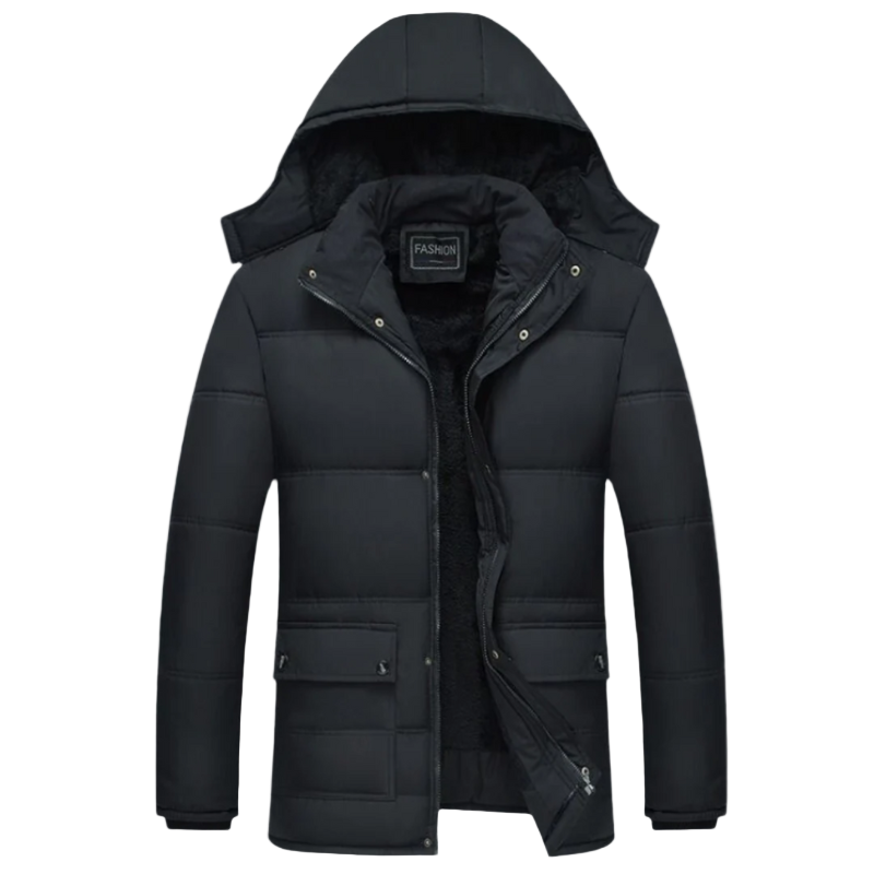 Men's black padded winter coat, modern fit, ideal for warmth & style in cold weather.