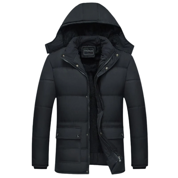 Men's black padded winter coat, modern fit, ideal for warmth & style in cold weather.