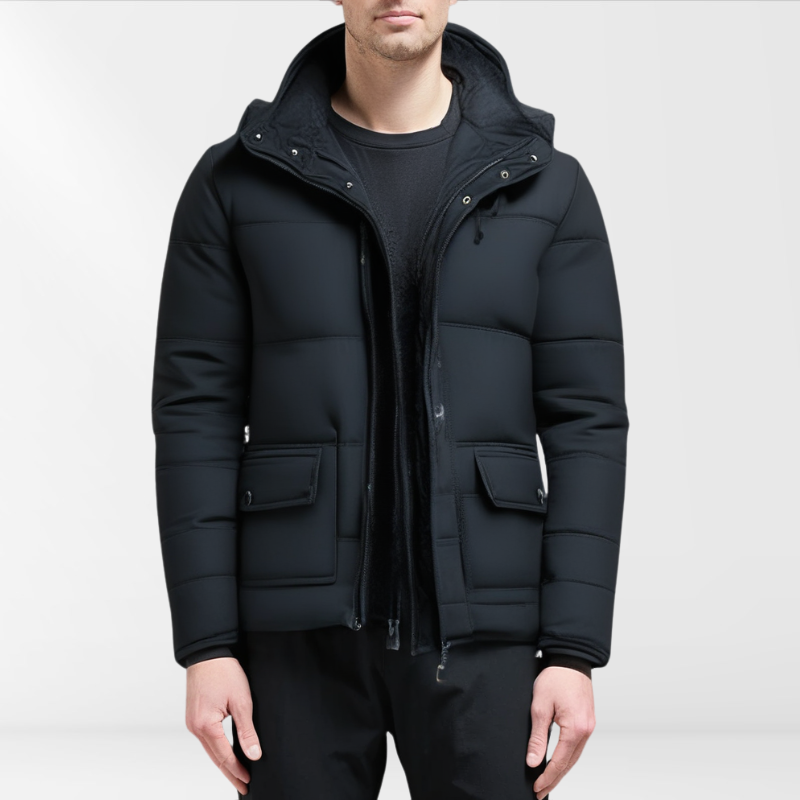 Stylish men's black winter coat with modern fit & padded design for superior warmth.