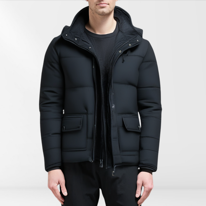 Stylish men's black winter coat with modern fit & padded design for superior warmth.
