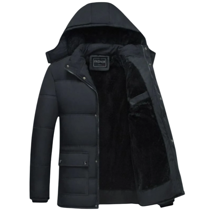 Warm men's black padded winter coat, perfect for cold weather protection & durable everyday wear.