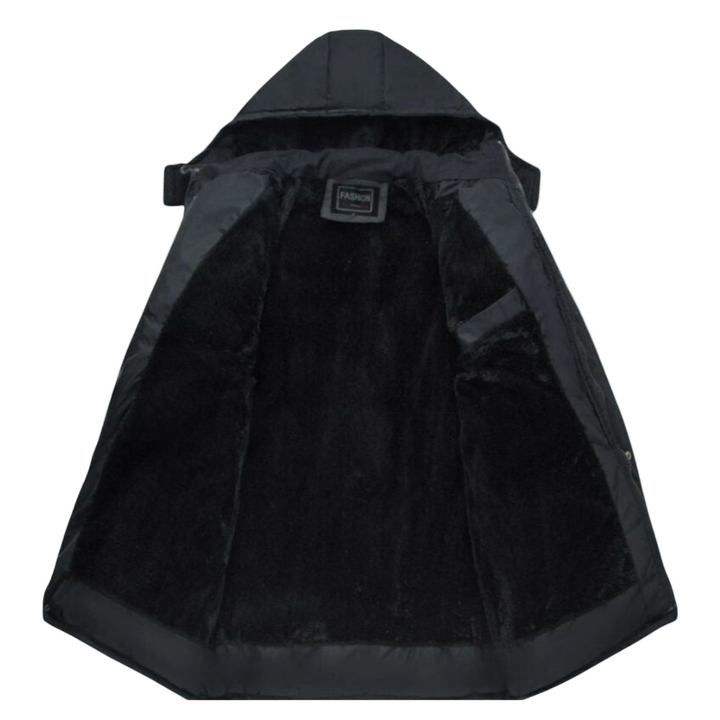 Durable men's black padded winter coat, modern fit, offering stylish warmth for winter fashion.