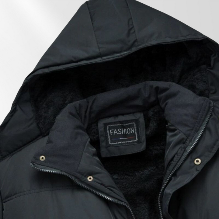 Black padded men's winter coat, featuring a modern fit for warmth and style in cold weather.