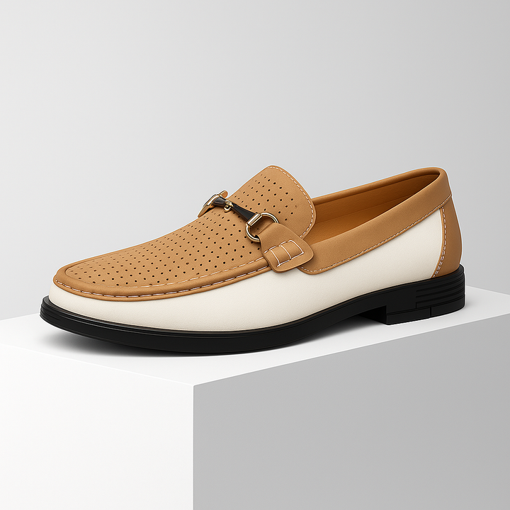 Underside view of men's leather loafers, showcasing the durable sole