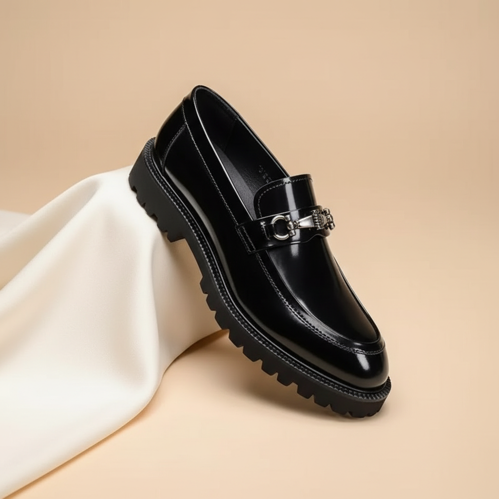 Top-down view of men's formal dress loafers, showcasing the sleek and elegant design.